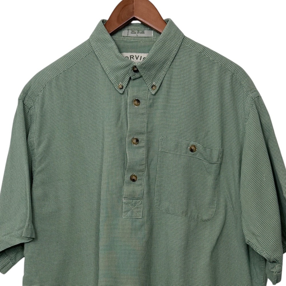 Orvis Mens Large Green Check Button Up Shirt Short Sleeve Cotton Casual